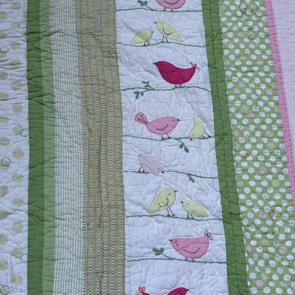 Pottery Barn Kids Penelope Tweet Bird Applique Quilt Pink Green Twin 73.25x88.5